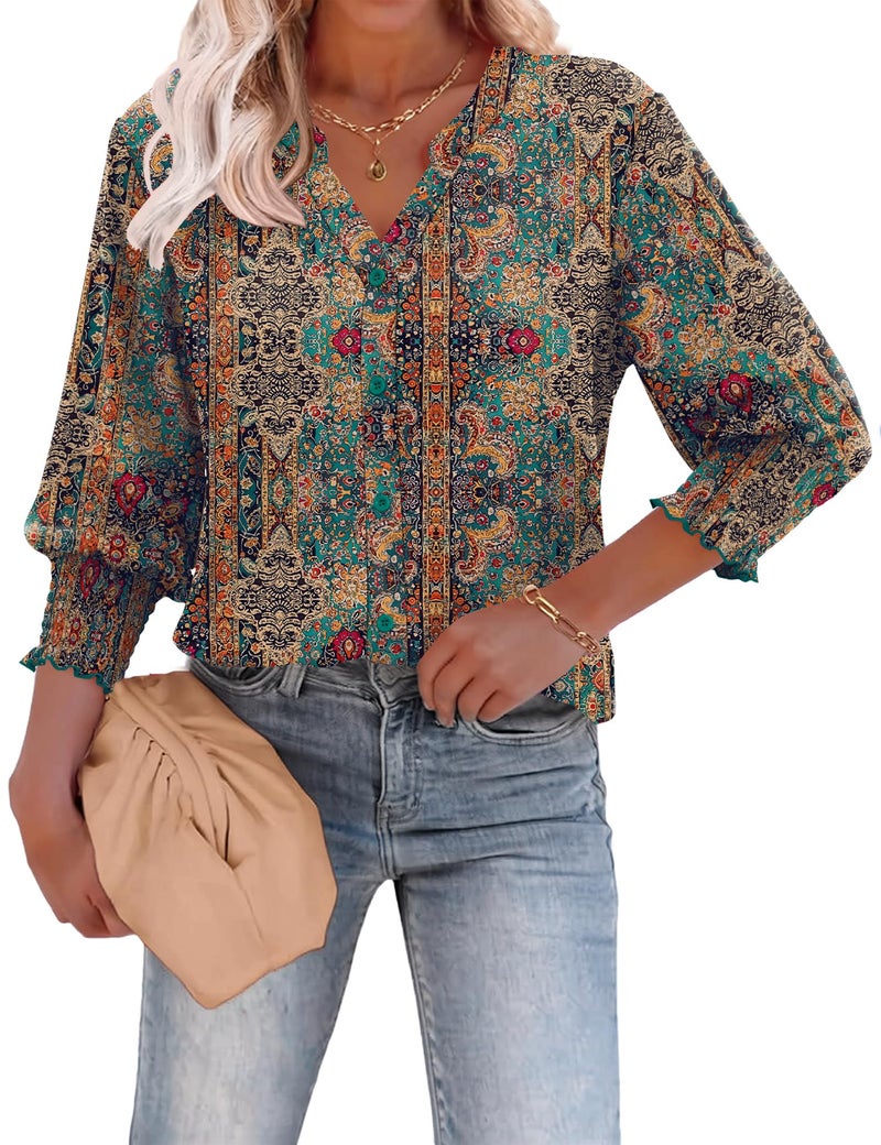 LOMON 3/4 Length Sleeve Womens Tops V Neck Plus Size Spring Clothes Summer Outfits for Women 2026 Beach Vacation Bohemian XL - Image 2