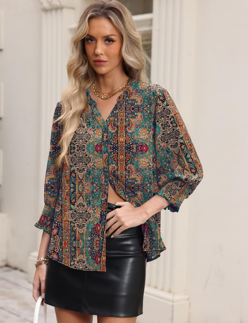 LOMON 3/4 Length Sleeve Womens Tops V Neck Plus Size Spring Clothes Summer Outfits for Women 2026 Beach Vacation Bohemian XL - Image 3