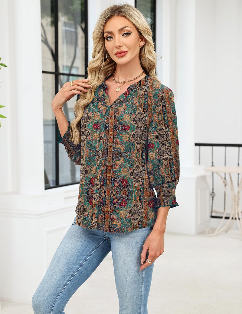 LOMON 3/4 Length Sleeve Womens Tops V Neck Plus Size Spring Clothes Summer Outfits for Women 2026 Beach Vacation Bohemian XL - Image 5