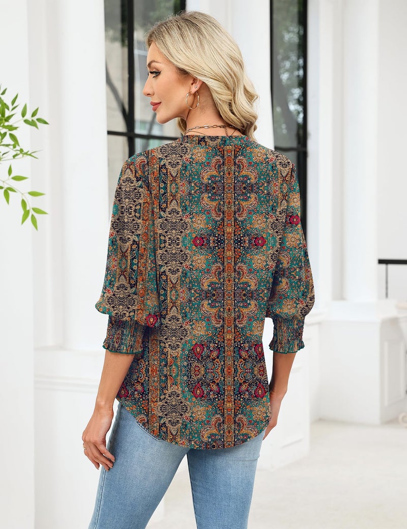 LOMON 3/4 Length Sleeve Womens Tops V Neck Plus Size Spring Clothes Summer Outfits for Women 2026 Beach Vacation Bohemian XL - Image 4
