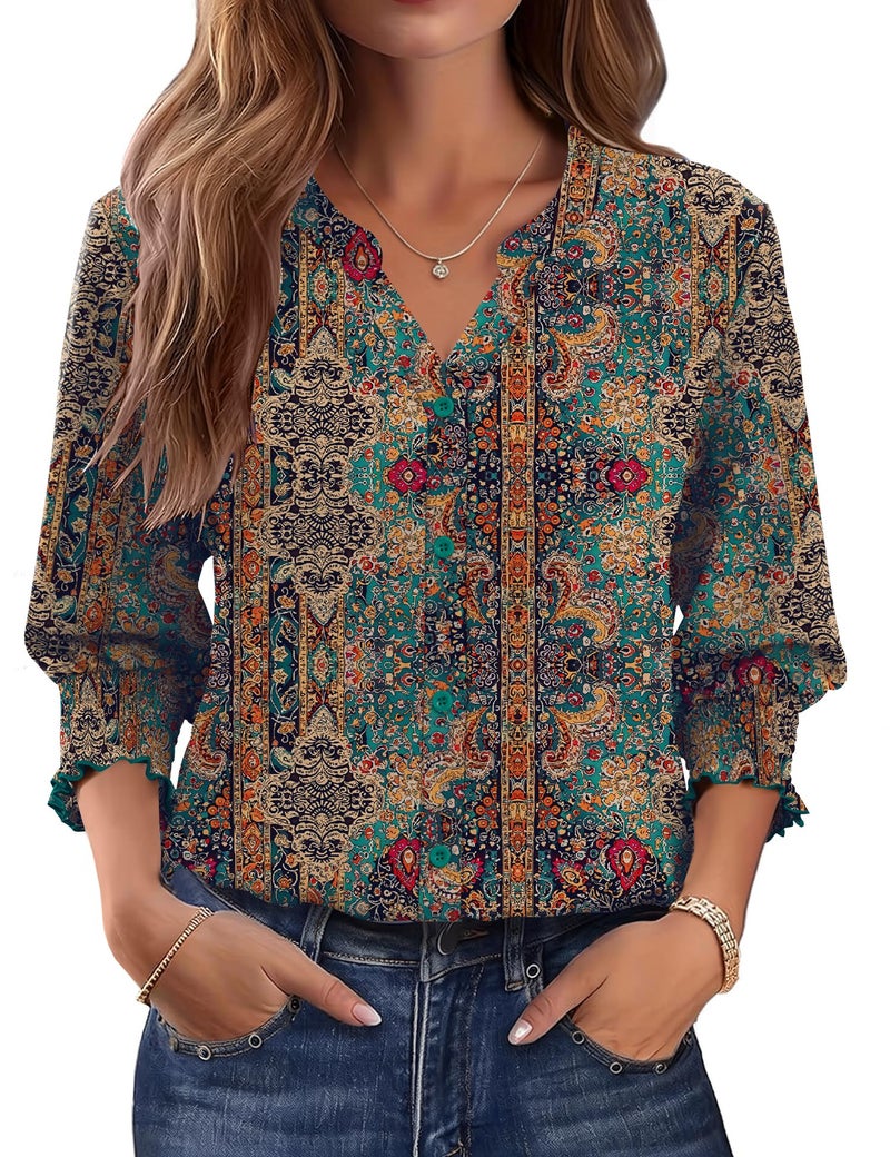 LOMON 3/4 Length Sleeve Womens Tops V Neck Plus Size Spring Clothes Summer Outfits for Women 2026 Beach Vacation Bohemian XL - Image 1
