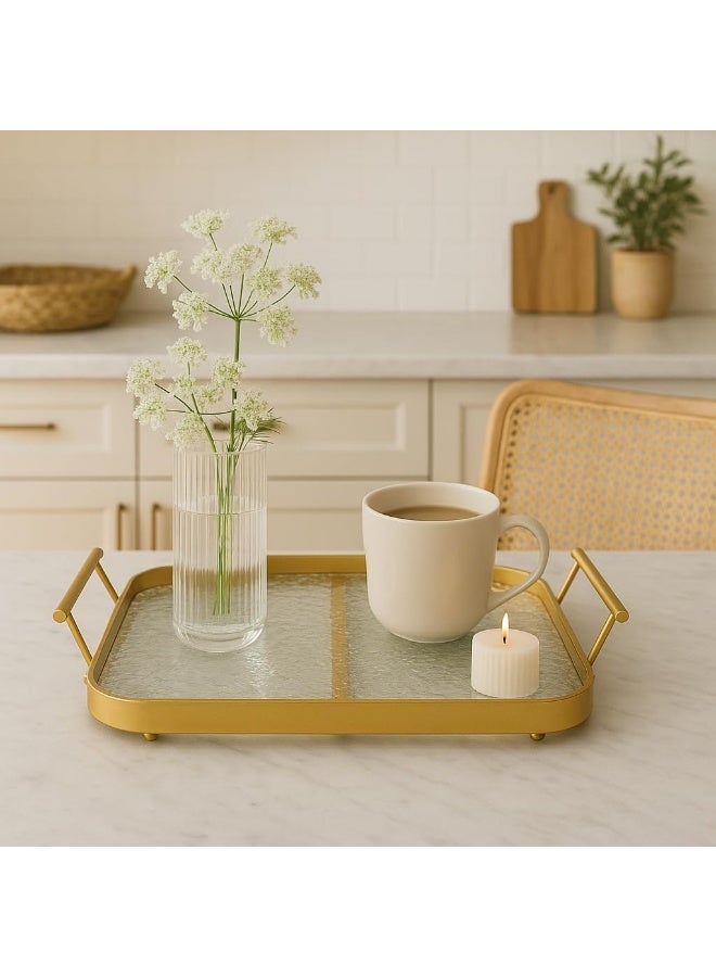 BS صينية زجاجية مزخرفة مستطيلة من B&S بإطار معدني ذهبي ومقابض - Image 2