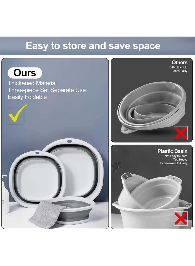 أنمي 3-حزمة سلة الغسيل القابلة للطي وحوض غسيل ، حوض بلاستيكي قابل للطي لغسل الصحون ، المطبخ ، التخييم والتخزين الموفر للمساحة (رمادي) - Image 4