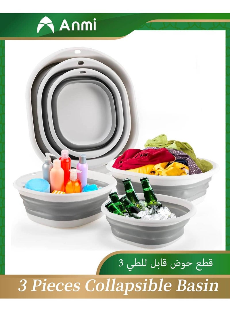 أنمي 3-حزمة سلة الغسيل القابلة للطي وحوض غسيل ، حوض بلاستيكي قابل للطي لغسل الصحون ، المطبخ ، التخييم والتخزين الموفر للمساحة (رمادي) - Image 1