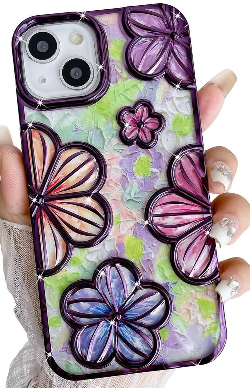 Mobistyle Designed for iPhone 14 Cover| Electroplating Bling Colourful Floral 3D TPU Camera Protection Back Cover Case for Women Girls (Purple) - Image 1