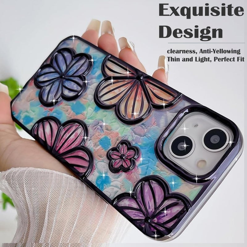 Mobistyle Designed for iPhone 14 Cover| Electroplating Bling Colourful Floral 3D TPU Camera Protection Back Cover Case for Women Girls (Purple) - Image 2