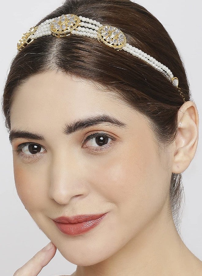 Fabula سلسلة شعر/طوق شعر من فابولا من أومف للمجوهرات، مطلية بالذهب ومرصعة بالكوندان واللؤلؤ، بتصميم زهري متعدد الطبقات، للنساء والفتيات، بتصميم عصري وأنيق (HVM3_AMR3) - Image 3