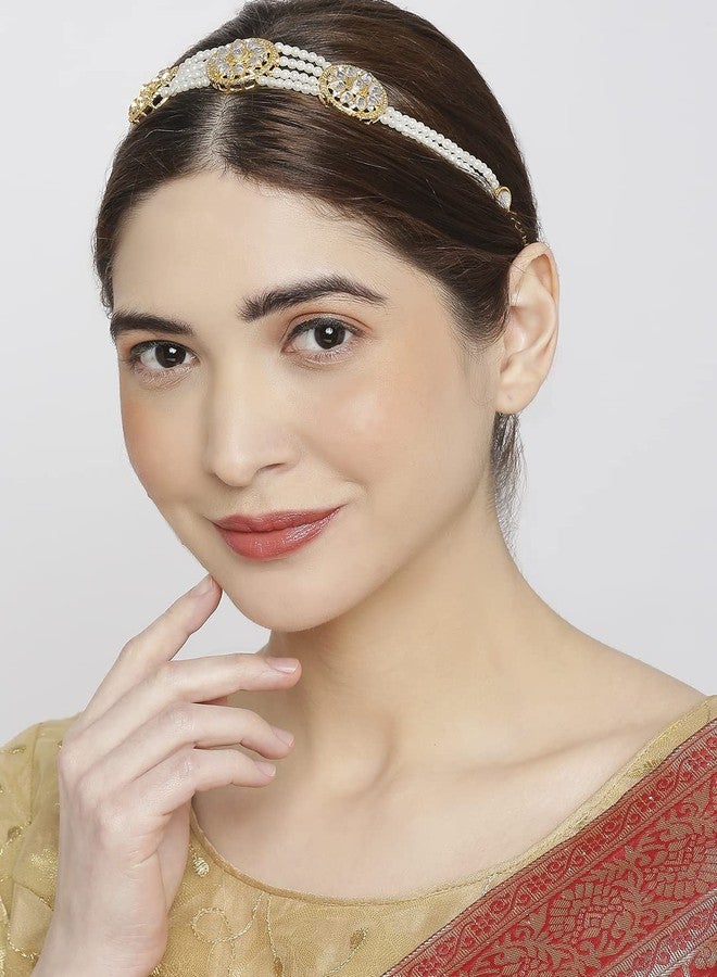Fabula سلسلة شعر/طوق شعر من فابولا من أومف للمجوهرات، مطلية بالذهب ومرصعة بالكوندان واللؤلؤ، بتصميم زهري متعدد الطبقات، للنساء والفتيات، بتصميم عصري وأنيق (HVM3_AMR3) - Image 5