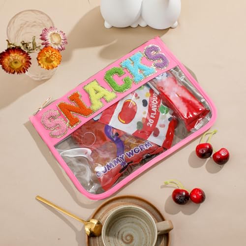 DYSHAYEN Chenille Letter Clear Zipper Pouch for Travel,Nylon Clear Cosmetic Bag,Makeup Travel Bag for Women Girls 11.8 Inches x 8.2 Inches (Pink-Snacks) - Image 2