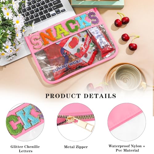DYSHAYEN Chenille Letter Clear Zipper Pouch for Travel,Nylon Clear Cosmetic Bag,Makeup Travel Bag for Women Girls 11.8 Inches x 8.2 Inches (Pink-Snacks) - Image 3