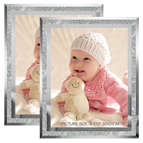 HIKWADERY 8x10 Picture Frames Silver Set of 2 Sparkle Real Glass 8 by 10 Photo Frame Mirrored Edge Great Gift for Tabletop Display Wedding Birthday Christmas Day Gifts 8 x 10 Glitter Silver