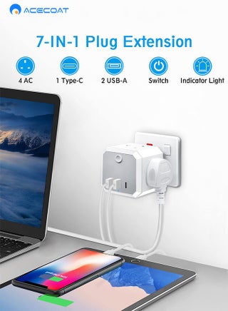 Multi Plug Extension Adaptor with 3 USB, Cube Extension with USB C Slots 3.4A Fast Charge, Multi USB Plug, 4 Way Plug Adapter UK 13A Switched 6 in 1 Extender for Home, Office, Travel, Kitchen, White - view 2