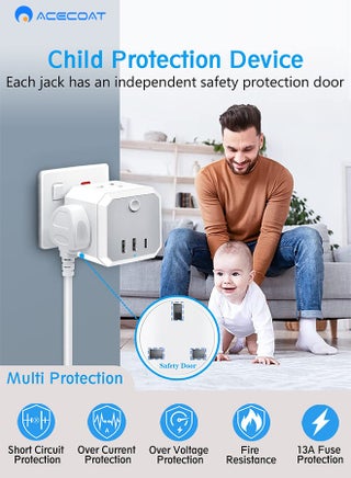 Multi Plug Extension Adaptor with 3 USB, Cube Extension with USB C Slots 3.4A Fast Charge, Multi USB Plug, 4 Way Plug Adapter UK 13A Switched 6 in 1 Extender for Home, Office, Travel, Kitchen, White - view 5