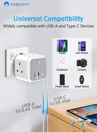 Multi Plug Extension Adaptor with 3 USB, Cube Extension with USB C Slots 3.4A Fast Charge, Multi USB Plug, 4 Way Plug Adapter UK 13A Switched 6 in 1 Extender for Home, Office, Travel, Kitchen, White - view 3
