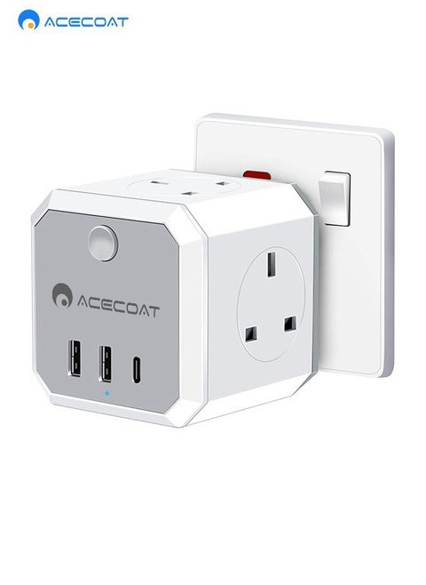 Multi Plug Extension Adaptor with 3 USB, Cube Extension with USB C Slots 3.1A Fast Charge, Multi USB Plug, 4 Way Plug Adapter UK 13A Switched 6 in 1 Extender for Home, Office, Travel, Kitchen, White