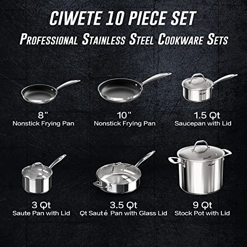 Ciwete Stainless Steel Pots and Pans Set 10 Piece, Kitchen Cookware Set with Nonstick Frying Pans and Glass Lids, Induction Cookware Set, Including 2 Saucepans, Sauté pan, 2 Frying Pans, Stock Pot - Image 3