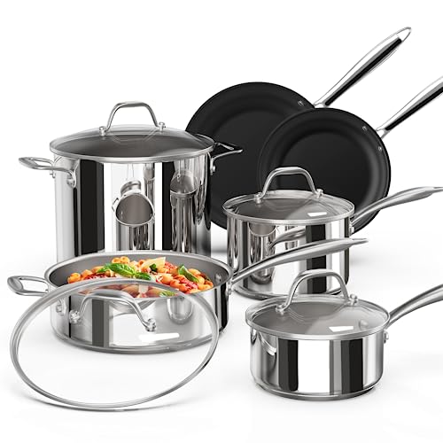 Ciwete Stainless Steel Pots and Pans Set 10 Piece, Kitchen Cookware Set with Nonstick Frying Pans and Glass Lids, Induction Cookware Set, Including 2 Saucepans, Sauté pan, 2 Frying Pans, Stock Pot - Image 1