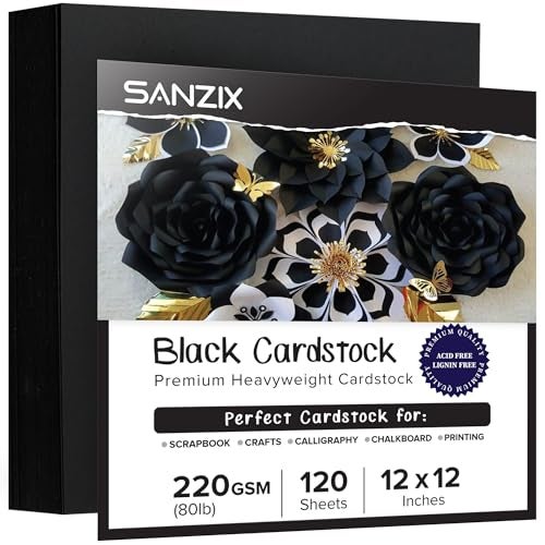 SANZIX 120 Sheets Black Cardstock 12x12 - Heavyweight 80 Lbs 220 GSM Black 12x12 Cardstock for Crafts | Laser & Inkjet Printer Compatible, Perfect for Halloween Decorations, Scrapbooking, Invitations - Image 1