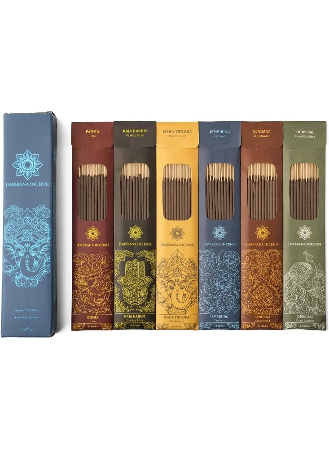 Jembrana Incense Sticks - Mix 6 Scents (144 Sticks Total), 24 Sticks Each of Lotus (Padma), Sandalwood, Gardenia, Maha Triloka, Raja Harum & Dewi Sai (Amber), Incense Gift Sets from Bali Soap - Image 1