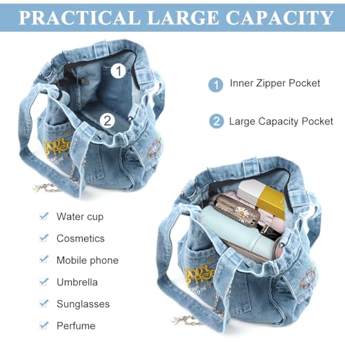 PALAY® Chic Cloth Bag for Girls Women Casual Shoulder Crossbody Tote Bags 2 in 1 Varible Hand Bag Fashion Letter Embroidery Denim Cloth Book Bags for Daily, School - Image 4