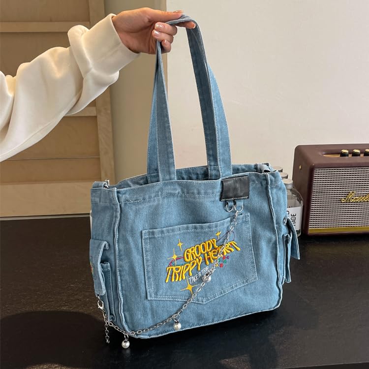 PALAY® Chic Cloth Bag for Girls Women Casual Shoulder Crossbody Tote Bags 2 in 1 Varible Hand Bag Fashion Letter Embroidery Denim Cloth Book Bags for Daily, School - Image 5