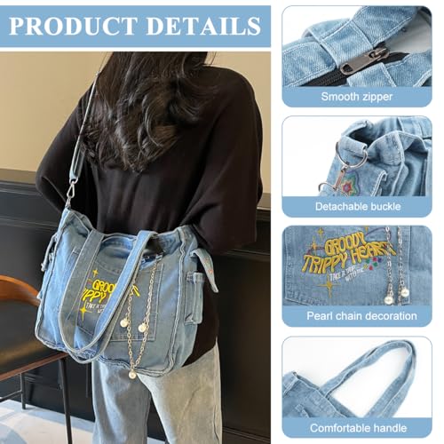 PALAY® Chic Cloth Bag for Girls Women Casual Shoulder Crossbody Tote Bags 2 in 1 Varible Hand Bag Fashion Letter Embroidery Denim Cloth Book Bags for Daily, School - Image 3