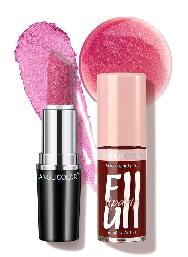 Anglicolor 2PC Lip Oil and Metallic Glitter Pink Lipstick,Natural Lip Plumper,Fruit Flavoured Lip Oil,For Dry Lip's Moisturizing Hydrating,Vegan & Cruelty-free (03 Aphrodite+15) - Image 1