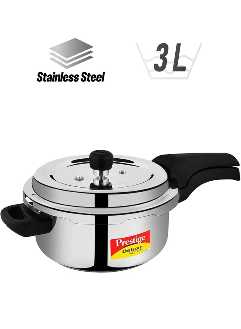 برستيج ديلوكس ألفا سفاش 3 لتر طنجرة ضغط من الفولاذ المقاوم للصدأ متوافق مع قاعدة مضادة للانتفاخ، مؤشر ضغط فريد فضي - Image 1