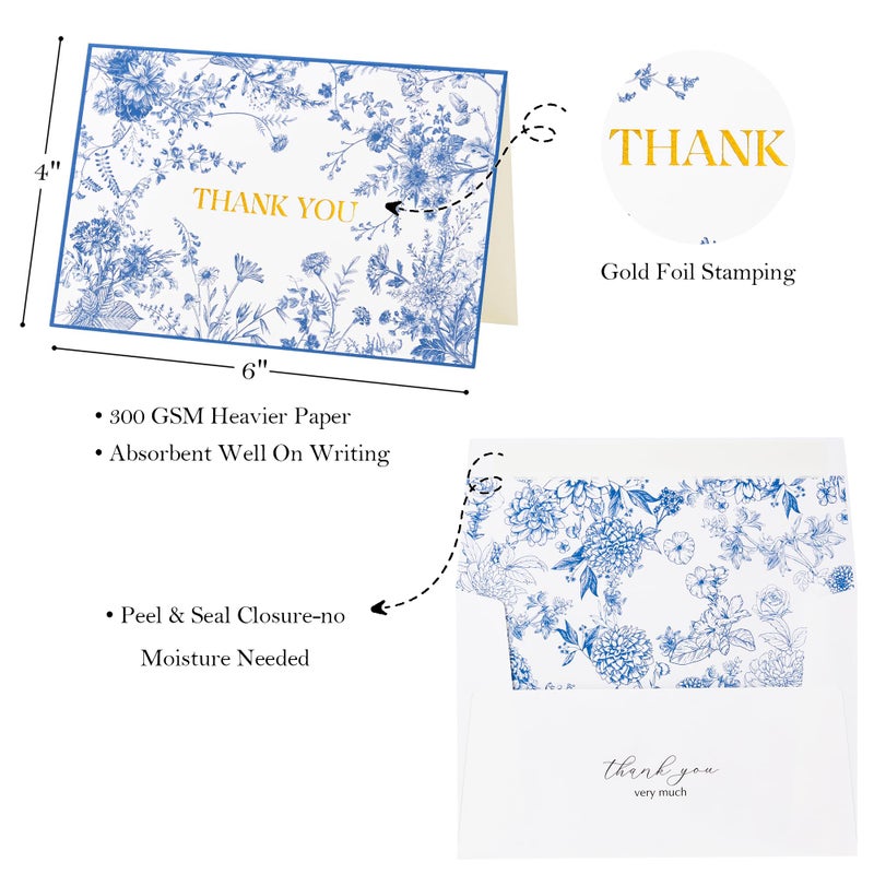 Crisky 50 Pack Blue Floral Thank You Cards Gold Foil Greeting Notes Bulk with Envelopes & Stickers for Birthday, Baby Shower, Bridal Shower, Wedding, Graduation, Business - Image 2