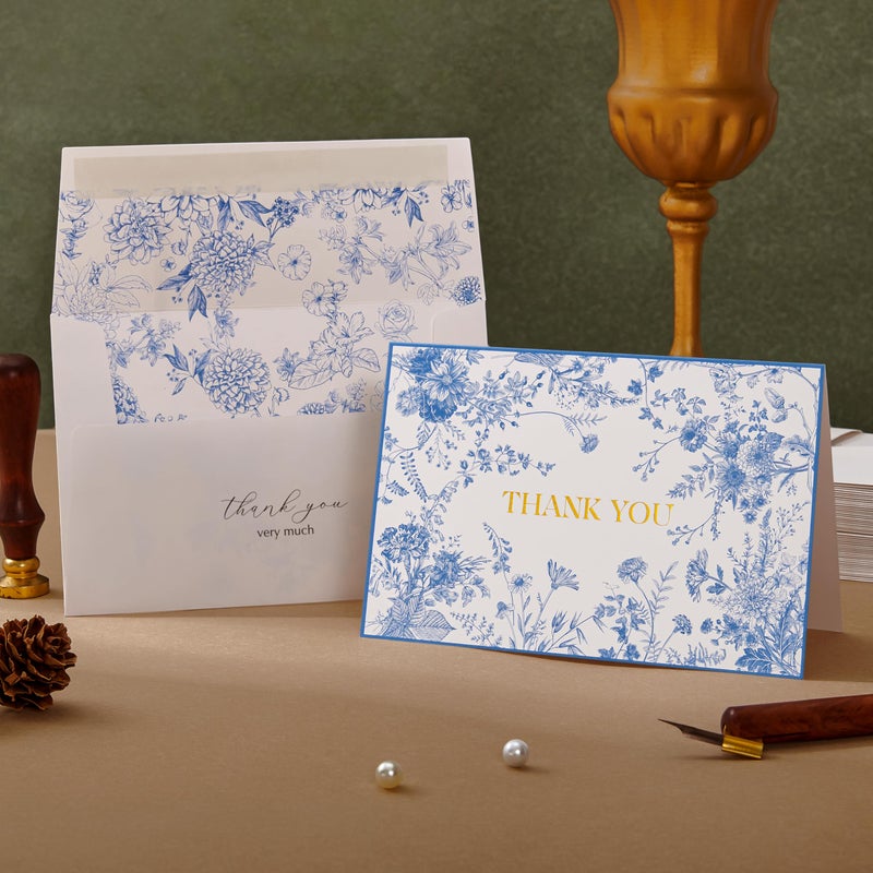 Crisky 50 Pack Blue Floral Thank You Cards Gold Foil Greeting Notes Bulk with Envelopes & Stickers for Birthday, Baby Shower, Bridal Shower, Wedding, Graduation, Business - Image 3
