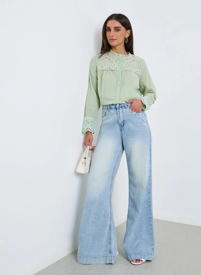 ستايلي بلوزة بأكمام طويلة وياقة دانتيل