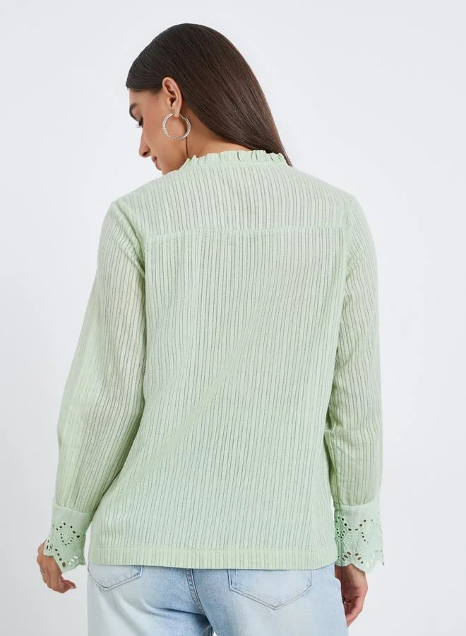 Styli Women Green Lace Collar Long Sleeve Shirt