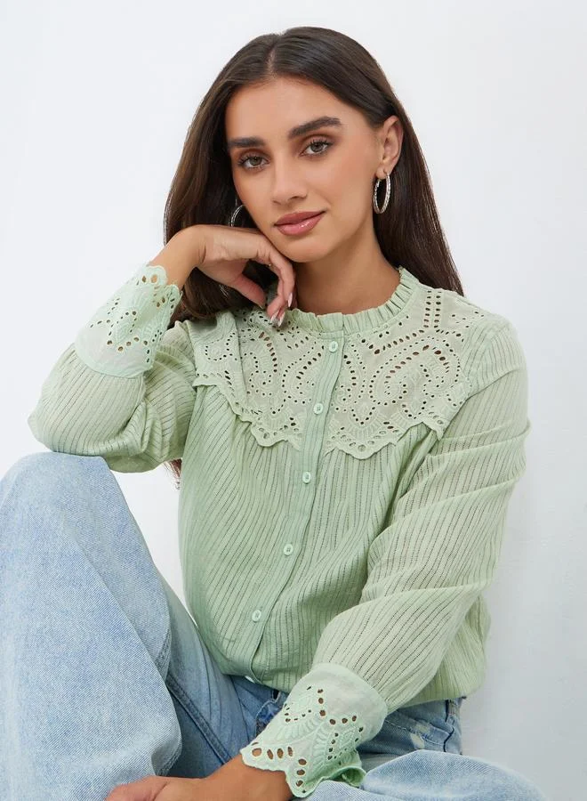 Styli Women Green Lace Collar Long Sleeve Shirt
