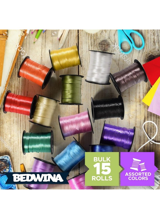 Bedwina - Curling Ribbon (Bulk 15 Mini Rolls) Assorted Colors Curly Ribbon For Gift Wrapping 2X2 Inches Wide Role Thin Craft Ribbon Fabric Ribbon Kit For Hair Balloons Florists Flowers 60 Ft Each - Image 1