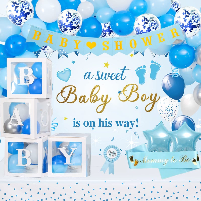 IHEPYQ Baby Shower Decorations for Boy, Blue Baby Party Decor Kit with Balloons Boxes, Blue Balloon Garland Backdrop Banner and Tablecloth and Baby Shower Sash, Baby Boy Shower Decorations - Image 1