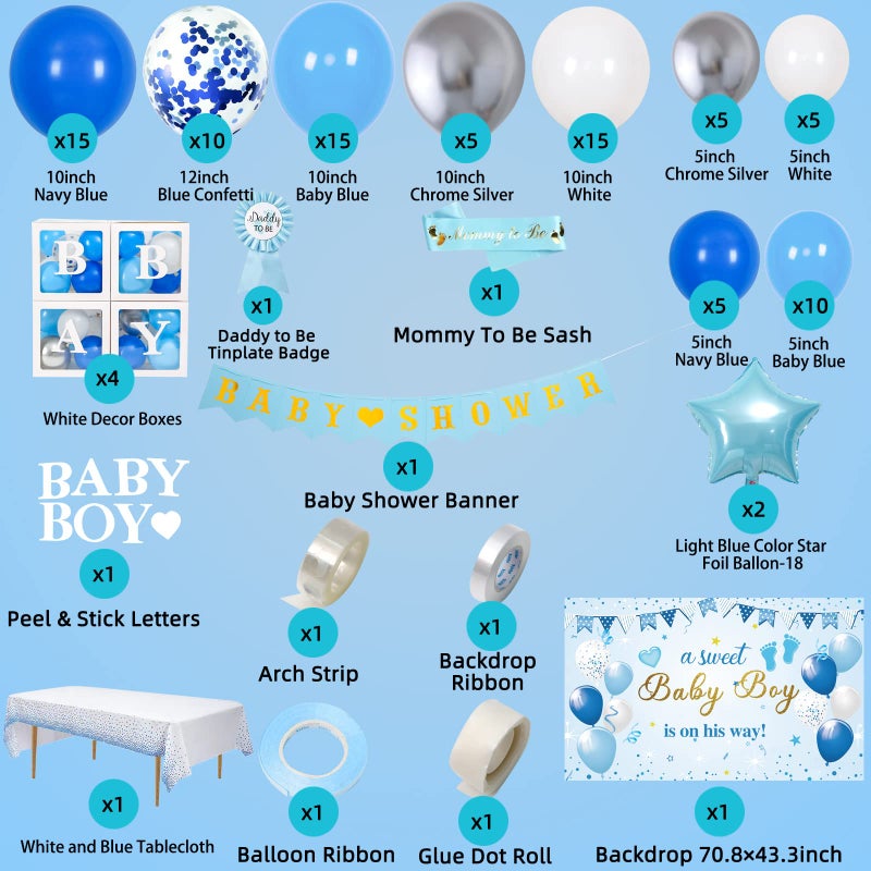 IHEPYQ Baby Shower Decorations for Boy, Blue Baby Party Decor Kit with Balloons Boxes, Blue Balloon Garland Backdrop Banner and Tablecloth and Baby Shower Sash, Baby Boy Shower Decorations - Image 2