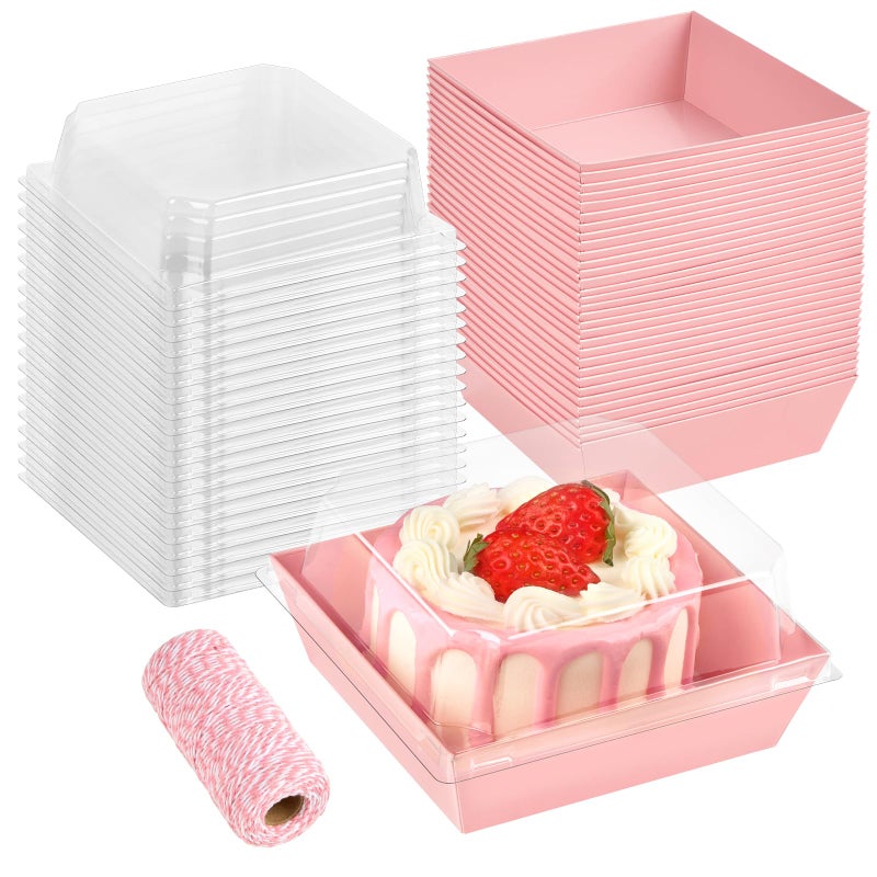 ZORRITA 50 Pack Small Pink Paper Charcuterie Boxes with Clear Lids, 4 Inches Disposable Sandwich Boxes Square To Go Food Containers for Desserts, Strawberries, Cake Slice and Cookies - Image 1