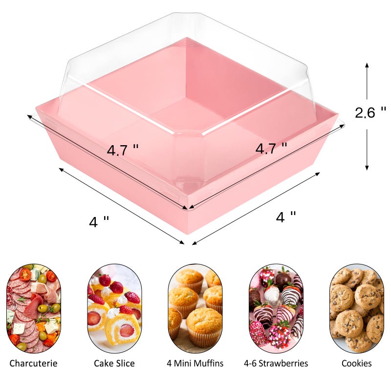 ZORRITA 50 Pack Small Pink Paper Charcuterie Boxes with Clear Lids, 4 Inches Disposable Sandwich Boxes Square To Go Food Containers for Desserts, Strawberries, Cake Slice and Cookies - Image 2