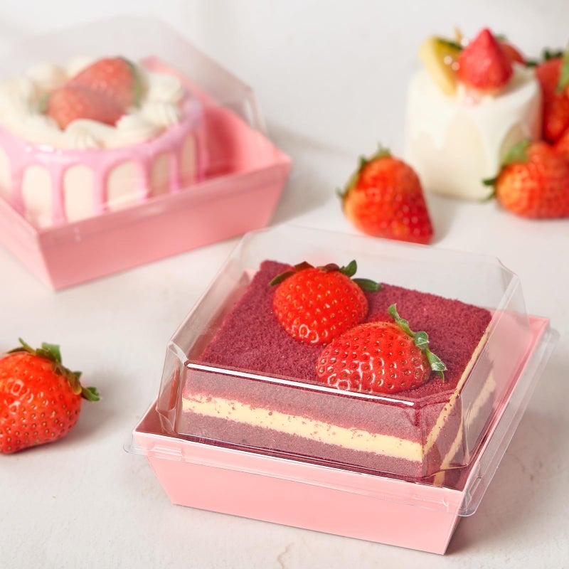 ZORRITA 50 Pack Small Pink Paper Charcuterie Boxes with Clear Lids, 4 Inches Disposable Sandwich Boxes Square To Go Food Containers for Desserts, Strawberries, Cake Slice and Cookies - Image 5