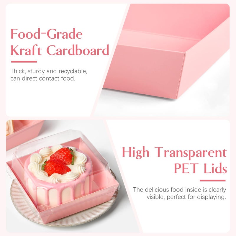 ZORRITA 50 Pack Small Pink Paper Charcuterie Boxes with Clear Lids, 4 Inches Disposable Sandwich Boxes Square To Go Food Containers for Desserts, Strawberries, Cake Slice and Cookies - Image 3