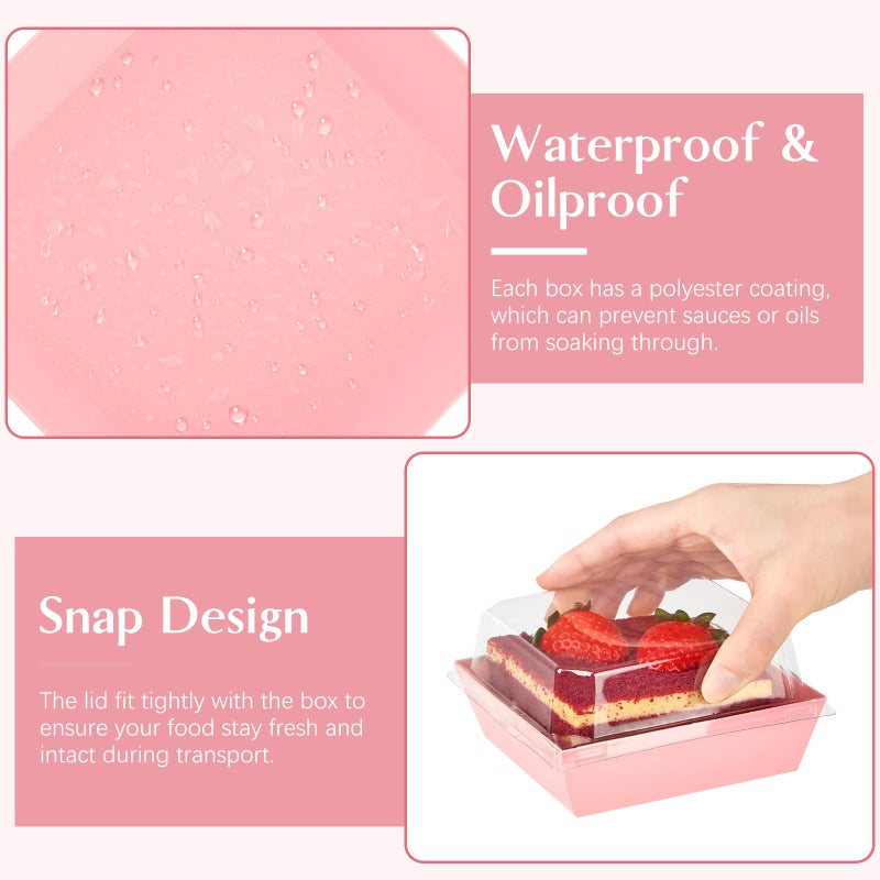 ZORRITA 50 Pack Small Pink Paper Charcuterie Boxes with Clear Lids, 4 Inches Disposable Sandwich Boxes Square To Go Food Containers for Desserts, Strawberries, Cake Slice and Cookies - Image 4