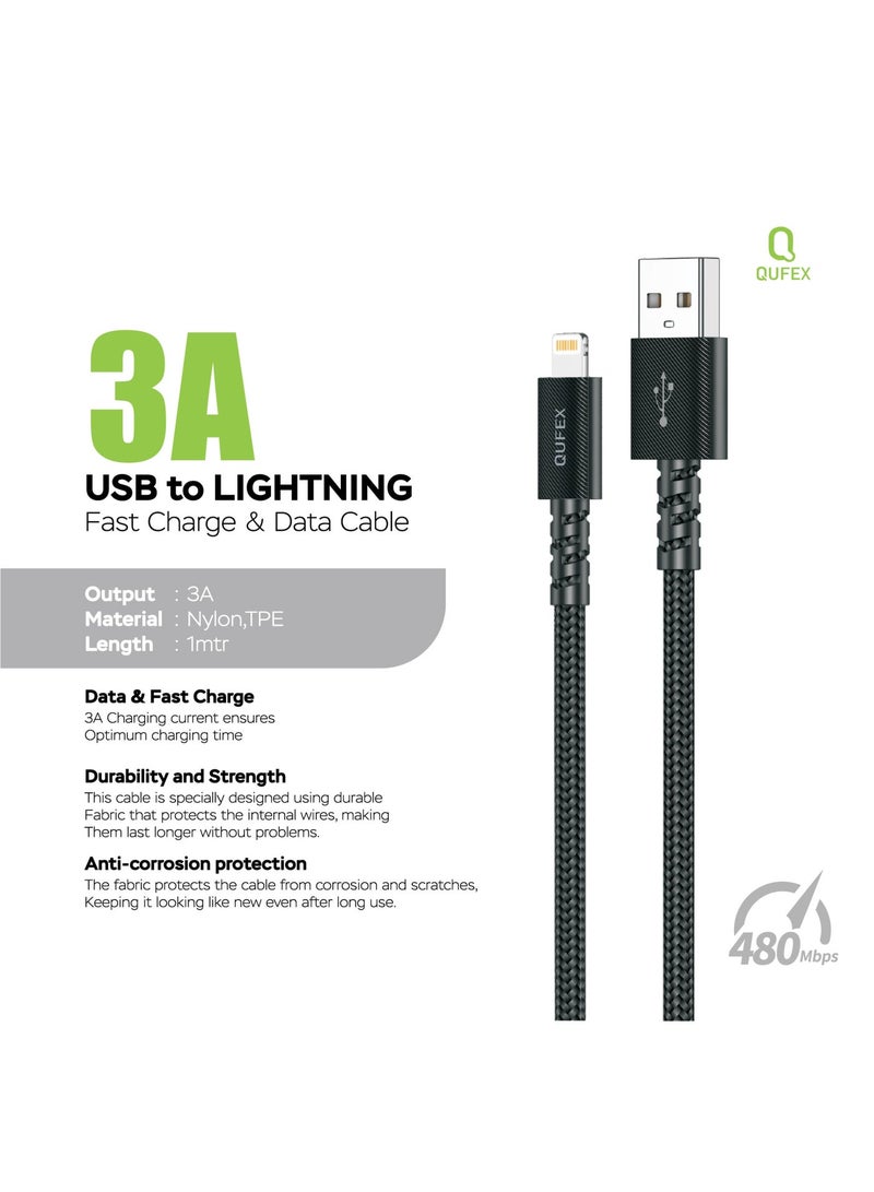 QUFEX Braided USB-A to Lightning Fast Charging Cable 3A, 1 Meter, Durable Nylon Braided – Black - Image 1