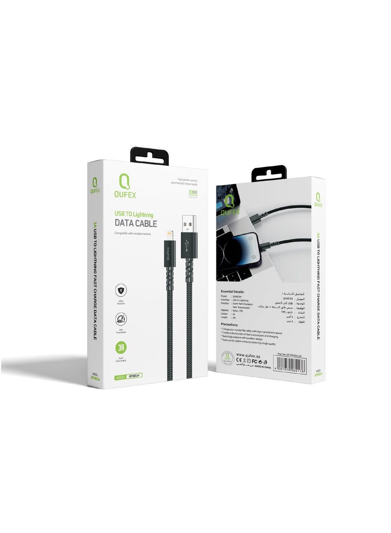 QUFEX Braided USB-A to Lightning Fast Charging Cable 3A, 1 Meter, Durable Nylon Braided – Black - Image 2