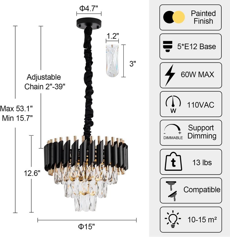 Desidiya Modern Crystal Chandelier 150watt Decorative Pendant Crystal Jhumar | for Home| Chandelier for Restaurant | Jhoomar for Hotel | Light Fixture (Black Indian, 400MM) - Image 4