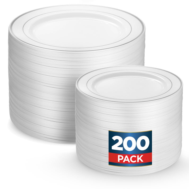 200 Silver Plastic Plates Set100 Pcs 10 Inch Plastic Dinner Plates and 100 Pcs 7 Inch Plastic Dessert Plates Elegant Fancy Heavy Duty Disposable Plates for Party Wedding White with Silver Rim