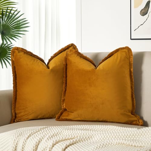 JUSPURBET Mustard Yellow Velvet Throw Pillow Covers 26x26 Inch Set of 2 with Soft Tassel Fringe Luxury Boho Pillowcase for Sofa Couch Bed Home Decor Machine Washable - Image 1