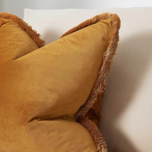 JUSPURBET Mustard Yellow Velvet Throw Pillow Covers 26x26 Inch Set of 2 with Soft Tassel Fringe Luxury Boho Pillowcase for Sofa Couch Bed Home Decor Machine Washable - Image 3