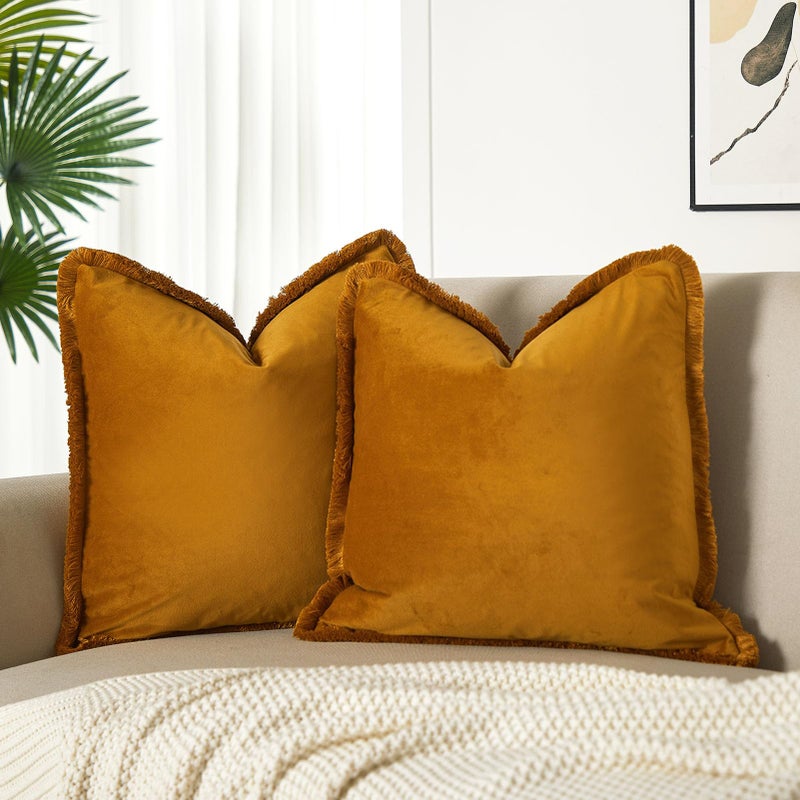 JUSPURBET Mustard Yellow Velvet Throw Pillow Covers 26x26 Inch Set of 2 with Soft Tassel Fringe Luxury Boho Pillowcase for Sofa Couch Bed Home Decor Machine Washable - Image 2