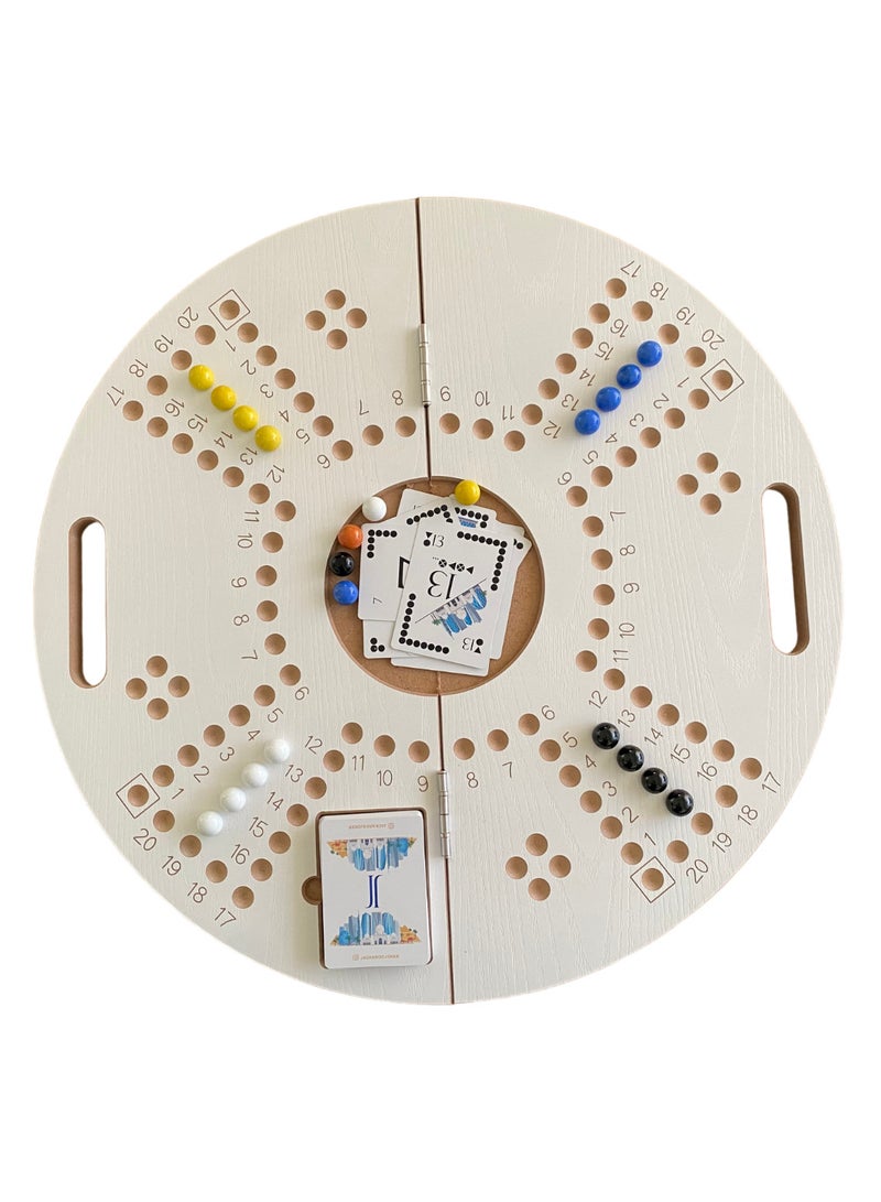 JACKAROOJOKER Jackaroo White Circle Board Game For 4 Players With Playing Cards, Marble Glass Balls, And Bag 4 Players - Image 1