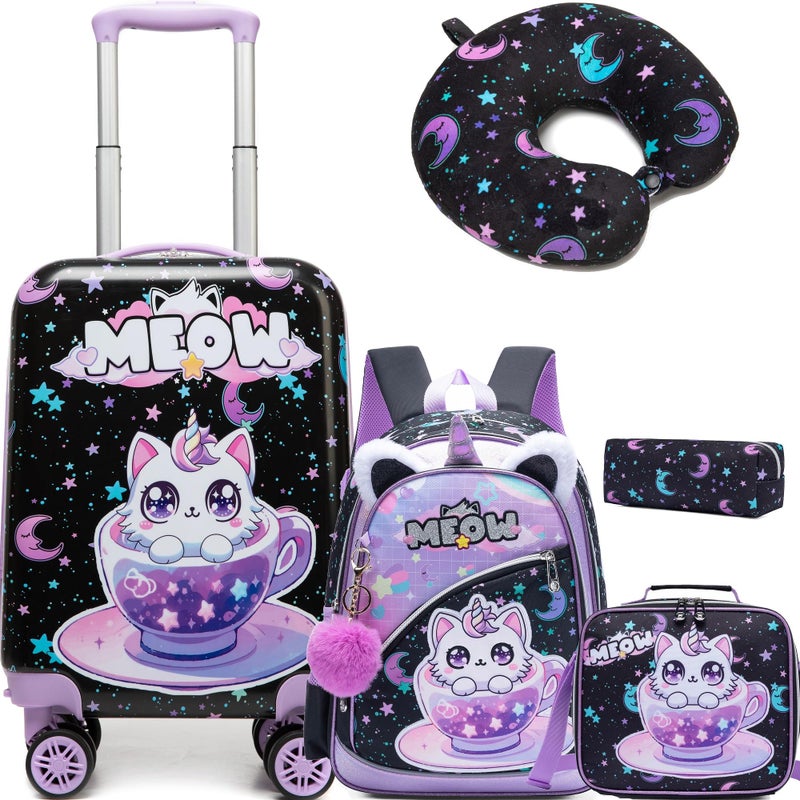 Inprof Kid's Luggage Set 5 Piece Suitcase Set 16' Hardside Spinner Wheels Girls Carry On Toddler Travel Rolling Airline Approved - Image 1